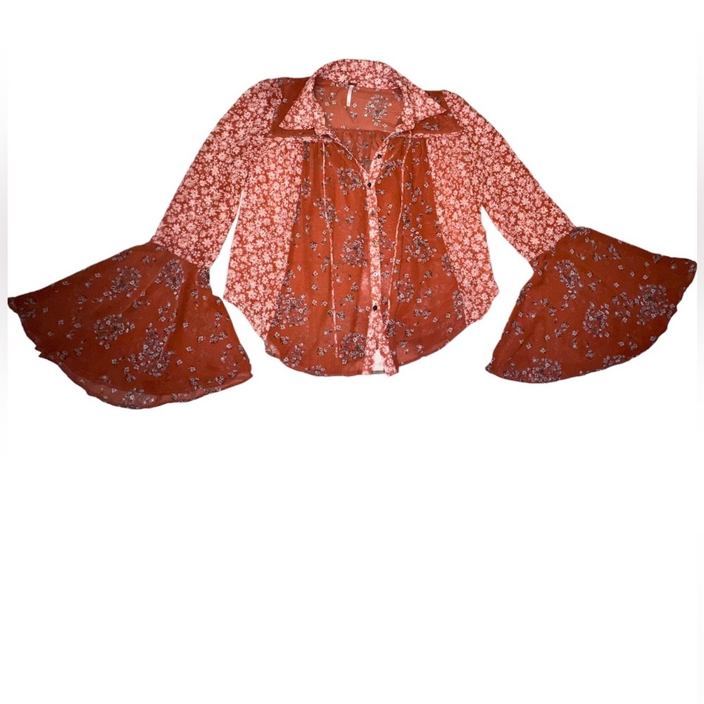 Free People Orange Sheer Floral Top Size XS